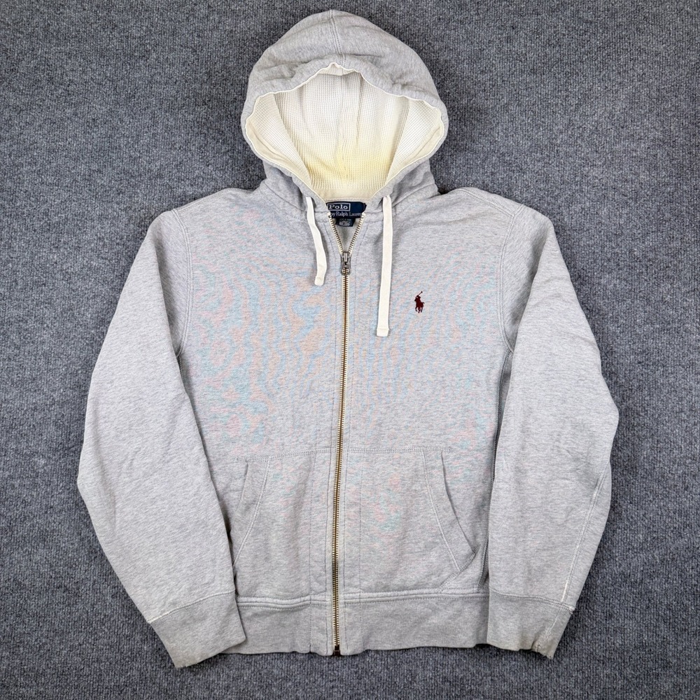 Polo Ralph Lauren Hoodie Mens M Gray Waffle Lined Full Zip Fleece Sweatshirt